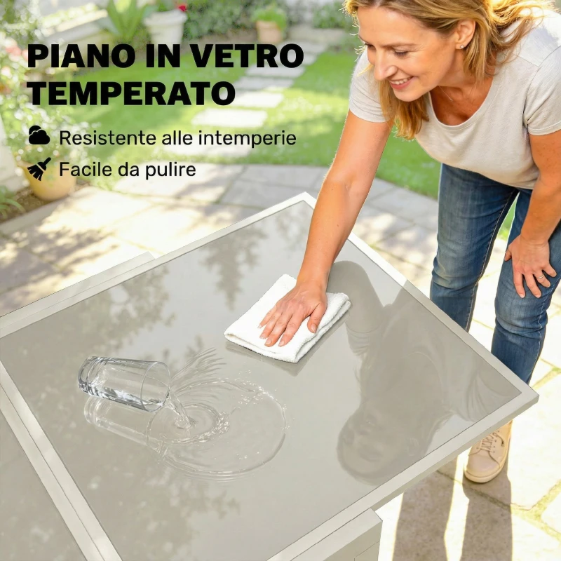 Outsunny Tavolo da Giardino Allungabile in Alluminio con Piano a Ribalta in Vetro Temperato, 90-180x90x75 cm, Crema