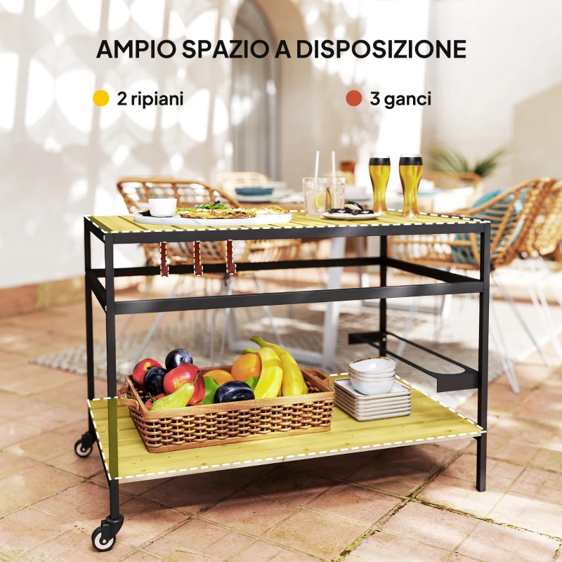Outsunny Carrello Portavivande da Giardino in Legno a Doghe e Acciaio, Ripiano e Maniglia, 107x65x80 cm