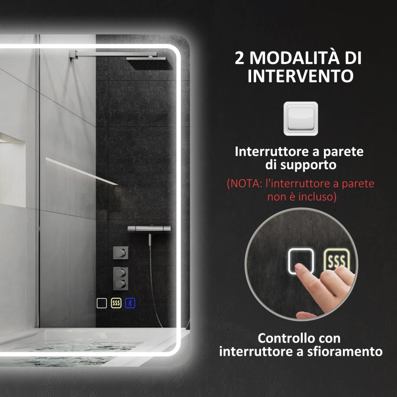 HOMCOM Specchio Bagno LED con Bluetooth, Illuminazione Regolabile e Funzione Memory, in Vetro Temperato, 70x50x3.5 cm