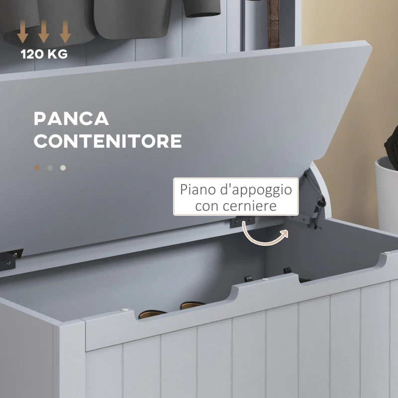 HOMCOM Mobile Appendiabiti 3 in 1 con 4 Ganci e Panca Contenitore, in Legno, 71.5x39.5x170 cm, Grigio