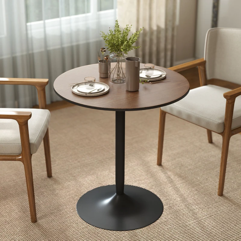 HOMCOM Mesa de jantar redonda 70 cm para 2 pessoas com tampo em folheado de madeira maciça e base em aço castanho