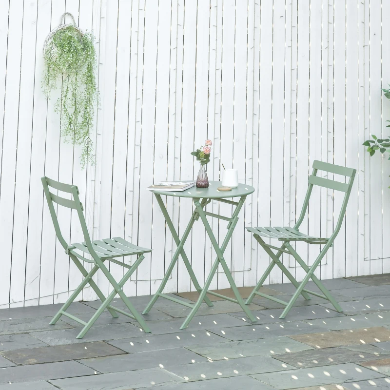 Outsunny Set da Giardino 3 Pezzi Pieghevoli in Acciaio, 2 Sedie 42x50x81 cm e Tavolino Ø60x71 cm, Verde