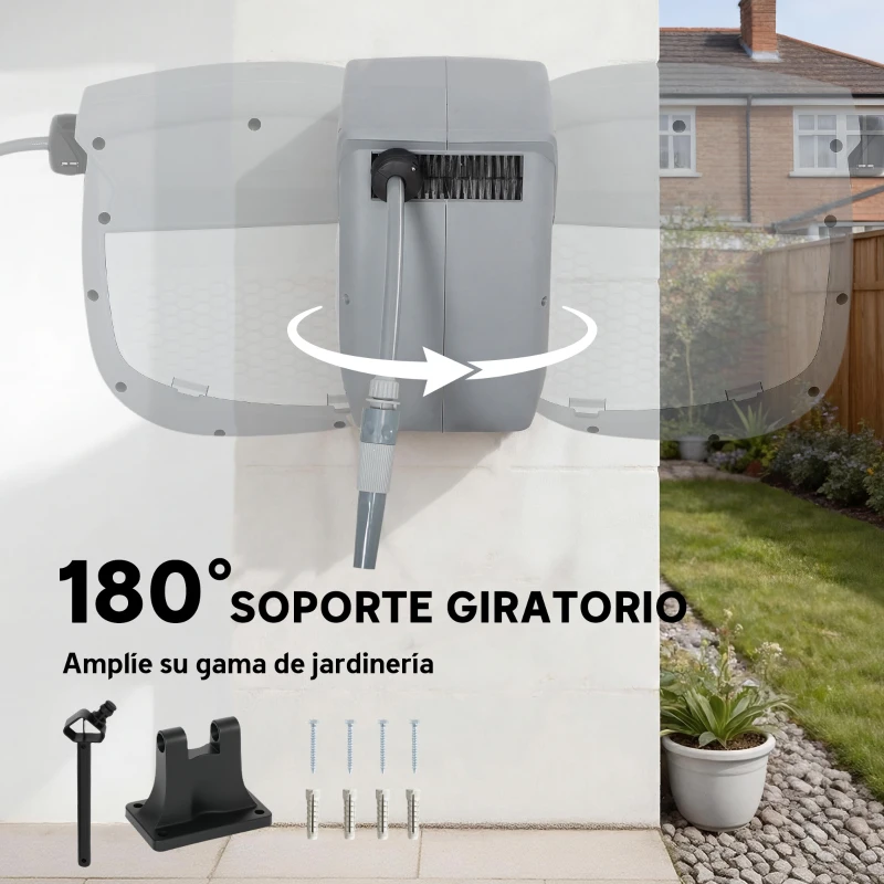 Outsunny Carrete de Manguera Retráctil 10+1 m con Boquilla de 2 Modos Bloqueo Automático y Retracción Controlada Soporte Gris