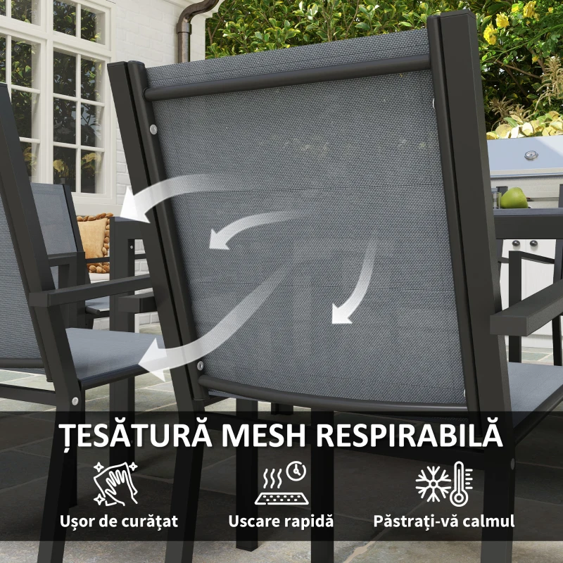 Outsunny Set de Grădină cu 6 Scaune Stivuibile și Masă de Prânz Dreptunghiulară, Gri Deschis