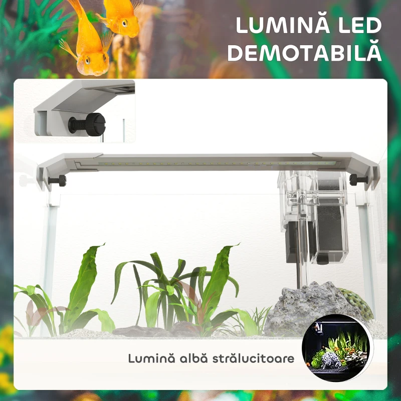 PawHut Acvariu din sticlă cu lumini LED de 20L, filtru și pompă de apă, 38x26x27 cm, alb