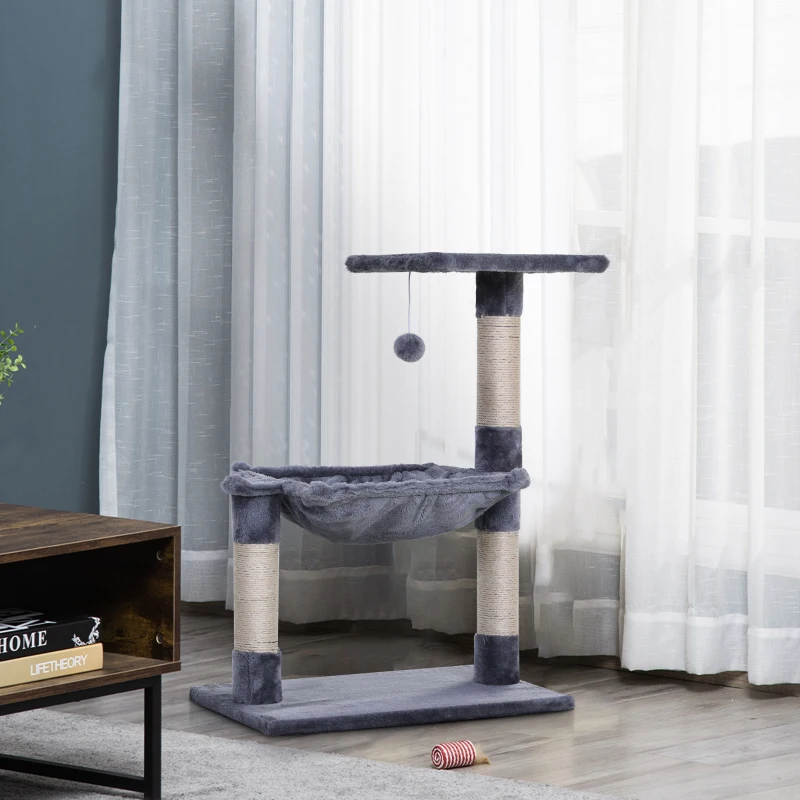 PawHut Tiragraffi per Gatti Multilivello con Amaca e Pallina, Legno e Peluche, 50x36x70cm, Grigio