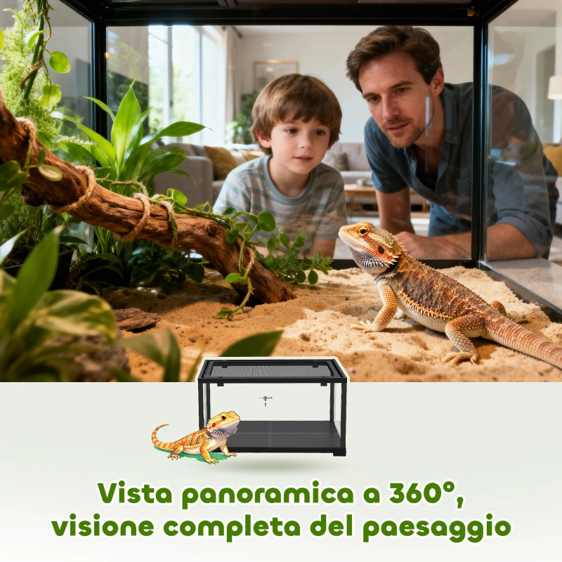PawHut Rettilario Rialzato con Doppia Serratura e Pareti in Vetro, 60x45x32 cm, Nero