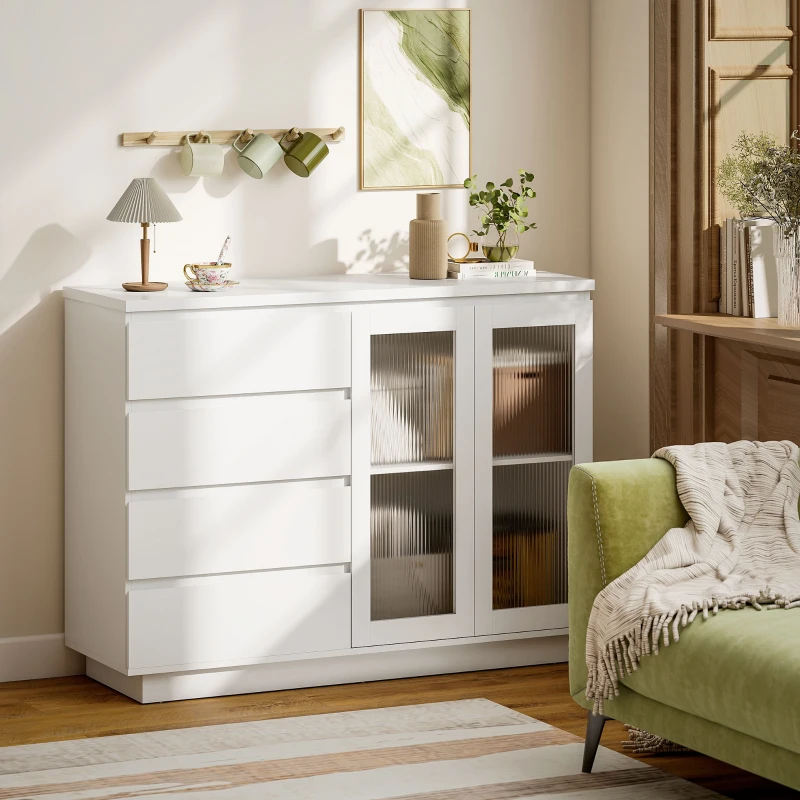HOMCOM Armário buffet, aparador com 4 gavetas, 2 portas de vidro, design moderno, MDF, Branco