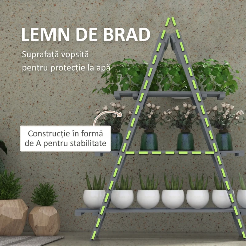Outsunny Suport pentru Plante Vertical cu 3 Niveluri, din Lemn de Brad, 100x36x112 cm, Gri