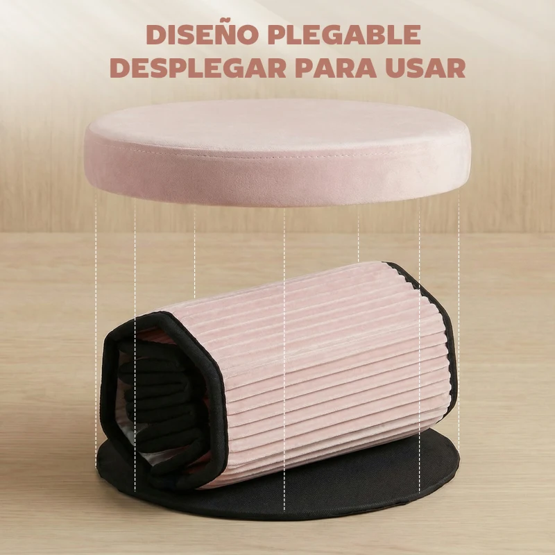 HOMCOM Puff Almacenaje Banco Almacenaje Plegable 35 L 38x38x38 cm Tapizado en Terciopelo Baúl de Almacenamiento Redondo Rosa