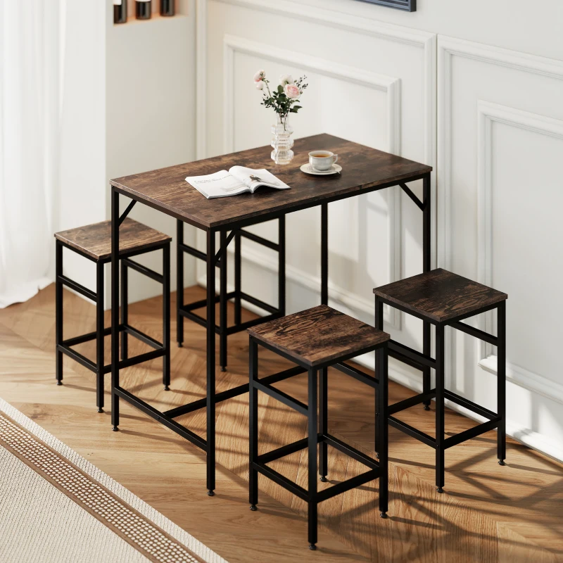 HOMCOM Mesa Alta de Cocina con 4 Taburetes Industrial Reposapiés Ahorro de Espacio para Espacios Reducidos Marrón Rústico