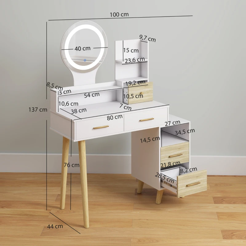 HOMCOM Tocador con Espejo y Luces LED Ajustables con 5 Cajones 4 Compartimentos y 1 Estante 100x44x137 cm Blanco y Natural