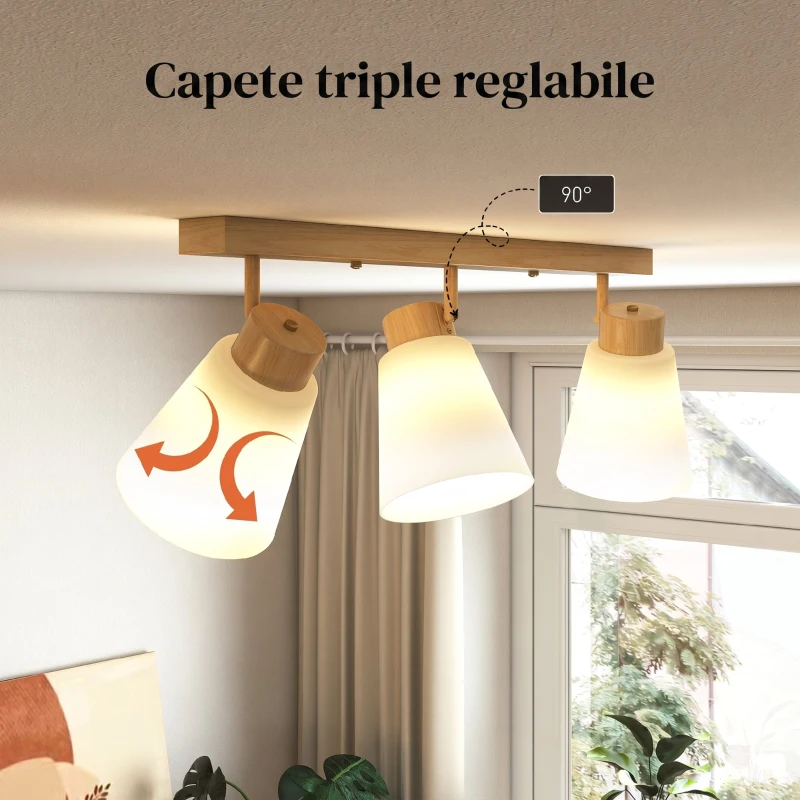 HOMCOM Candelabru de Tavan cu 3 Puncte de Lumină Reglabile la 90° și Dulii E27, Culoare Lemn