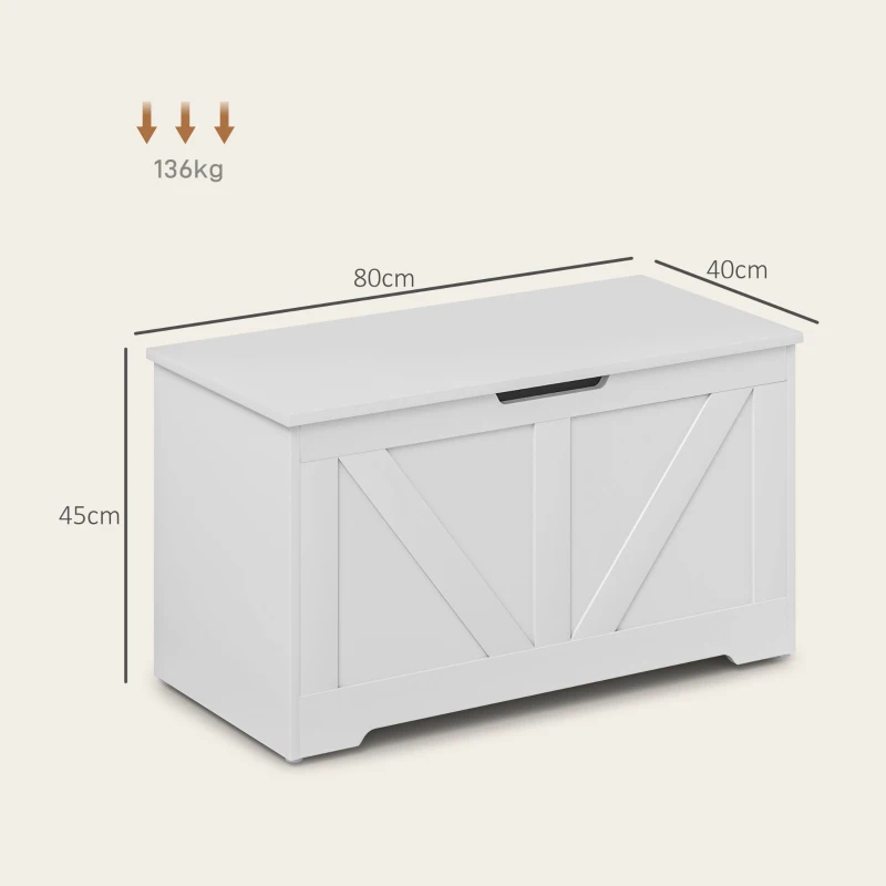 HOMCOM Coffre de rangement, banc de rangement avec couvercle rabattable et charnières de sécurité, 80 x 40 x 45 cm, blanc