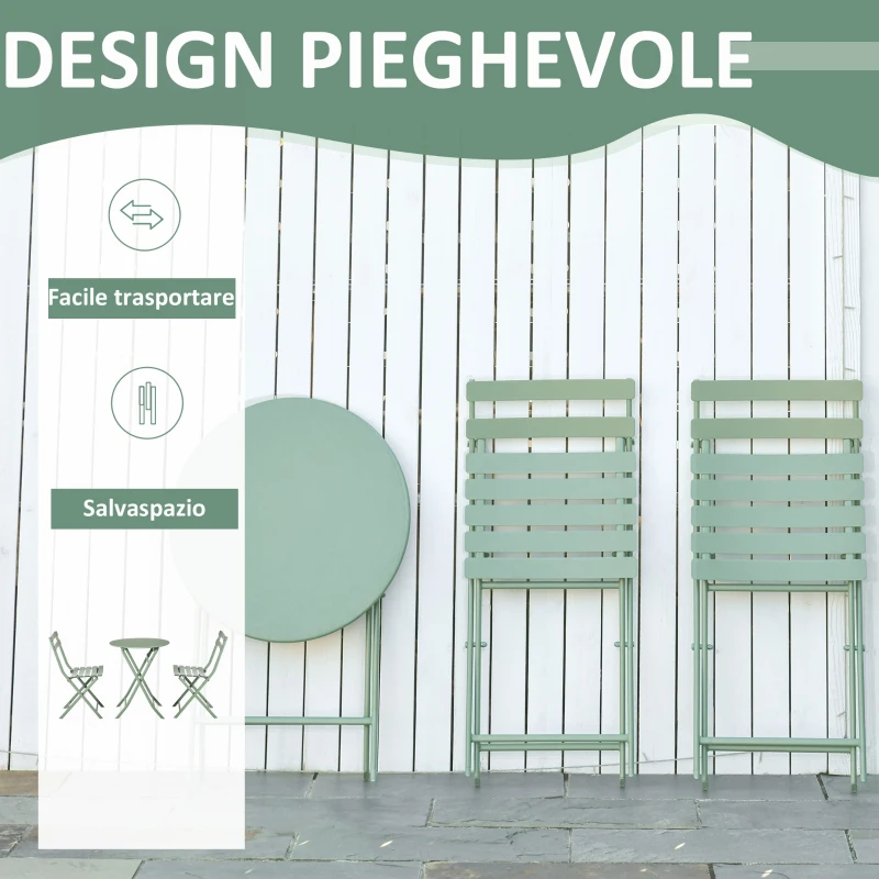 Outsunny Set da Giardino 3 Pezzi Pieghevoli in Acciaio, 2 Sedie 42x50x81 cm e Tavolino Ø60x71 cm, Verde