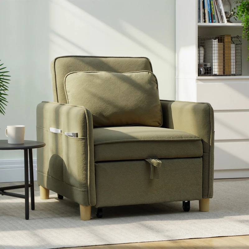 HOMCOM Sillón Cama Individual 3 en 1 Sofá Cama Plegable con Respaldo Ajustable y Cojín para Salón 74x85,5x82 cm Verde Oscuro