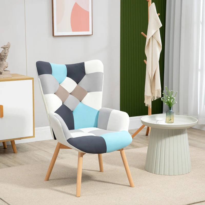 HOMCOM Poltroncina da Camera in Velluto Trapuntato e Gambe in Legno, 66x76x98cm, Multicolore