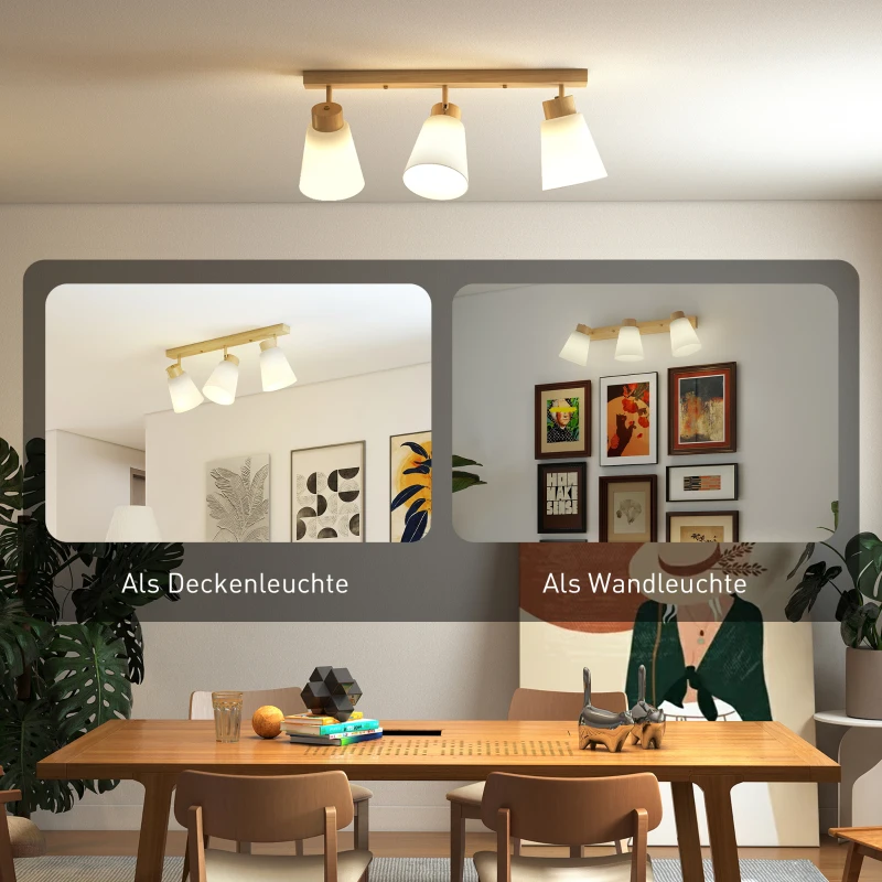 HOMCOM Deckenleuchte LED 40W Deckenlampe mit Doppelmontage und 90° verstellbaren Köpfen mit 3 E27-Fassungen Naturholz