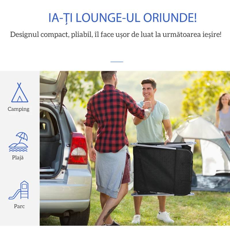 Outsunny Șezlong Pliabil cu Spătar Reglabil pe 5 Niveluri și Pernă, Șezlong de Grădină cu Material Texteline, pentru Plajă Piscină Grădină, 182x56x28 cm, Negru