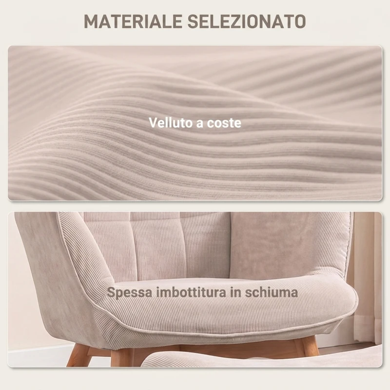 HOMCOM Poltrona Relax con Pouf Poggiapiedi in Velluto a Costine con Schienale Alto e Braccioli, Beige