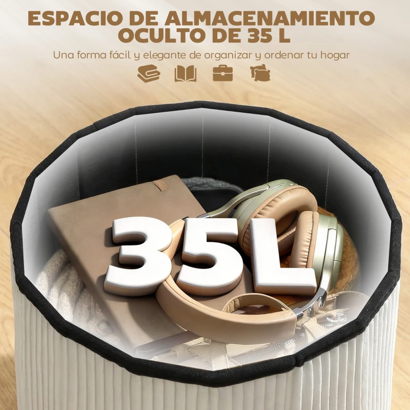 HOMCOM Puff Almacenaje Banco Almacenaje Plegable 35 L 38x38x38 cm Tapizado en Terciopelo Baúl de Almacenamiento Redondo Crema