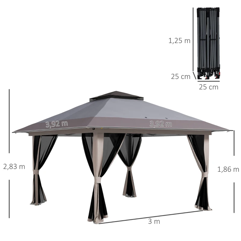 Outsunny Carpa Plegable Pop-up con Altura Ajustable Protección UV50+ Doble Techo y Mosquiteras 4x4x2,8 m Gris Claro