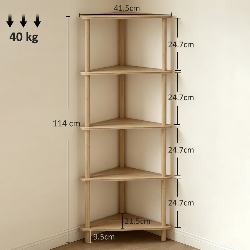 HOMCOM Bamboo Storage Shelf, 5-tier Corner Shelf, Freestanding Shelving Unit for Living Room, Home Office, Natural Wood Finish
