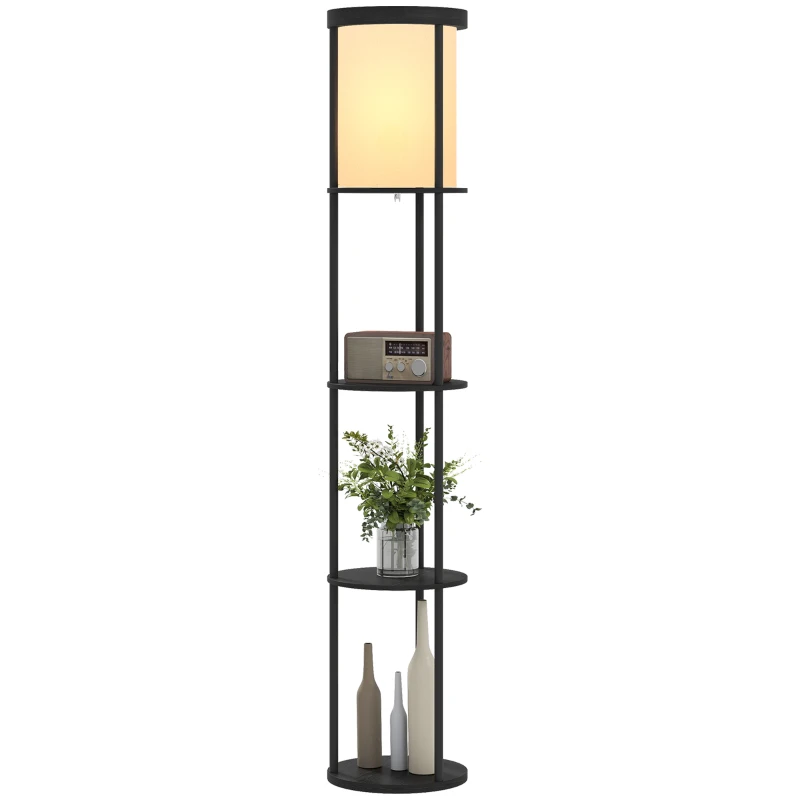 HOMCOM Lâmpada de pé com 3 prateleiras, design redondo, controlo remoto, interruptor de pé, temperatura de luz ajustável, para sala de estar, Preto