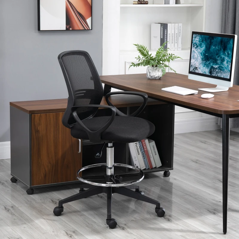 Vinsetto Bürostuhl Ergonomischer Schreibtischstuhl mit Armlehnen und Verstellbarer Fußring, Höhenverstellbarer Drehstuhl mit Netzbespannung Schwarz
