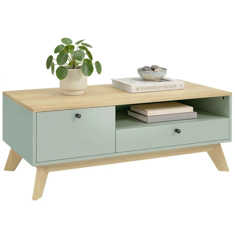 HOMCOM Table basse de salon, table d'appoint rectangulaire avec tiroir, porte et compartiment ouvert, vert clair et chêne
