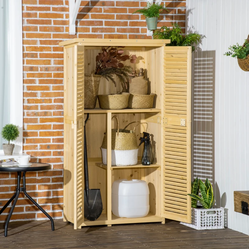 Outsunny Cobertizo de Madera Caseta Exterior Armario para Herramientas de Jardinería Persiana Delantera Compartimientos de Diferentes Tamaños 87x46.5x160cm Madera Maciza