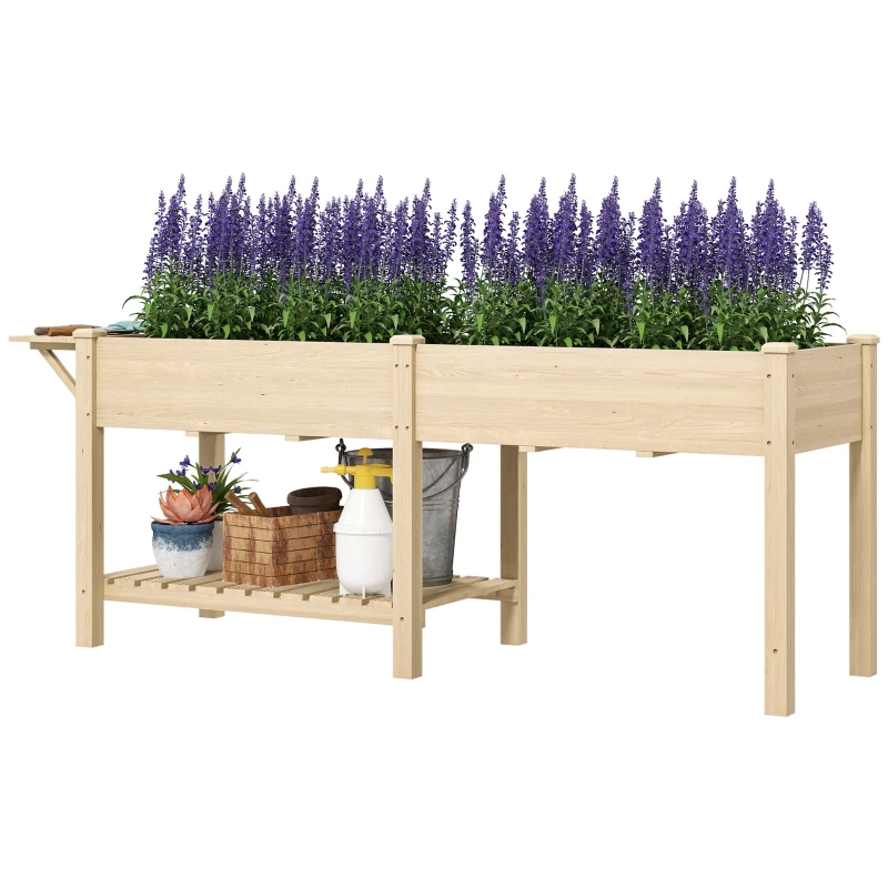 Outsunny Fioriera Rialzata con Tavolino Laterale e Ripiano Porta Attrezzi Inferiore, in Legno di Abete, 207x59x78 cm