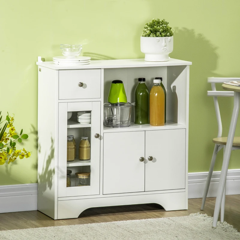 HOMCOM Credenza Buffet con Vano Aperto, Cassetto, 3 Ripiani e Armadietto a 2 Ante, in Legno, 80x30x82 cm, Bianco