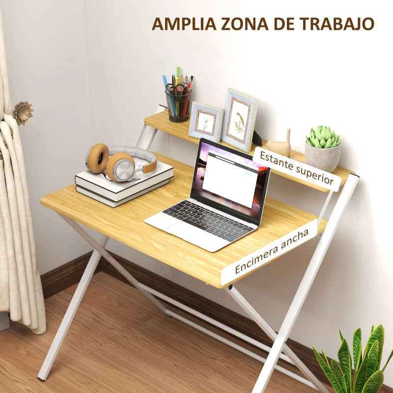 HOMCOM Escritorio Plegable con Estante Abierto Escritorio Pequeño para Estudio Hogar Oficina 86x66x82 cm Natural