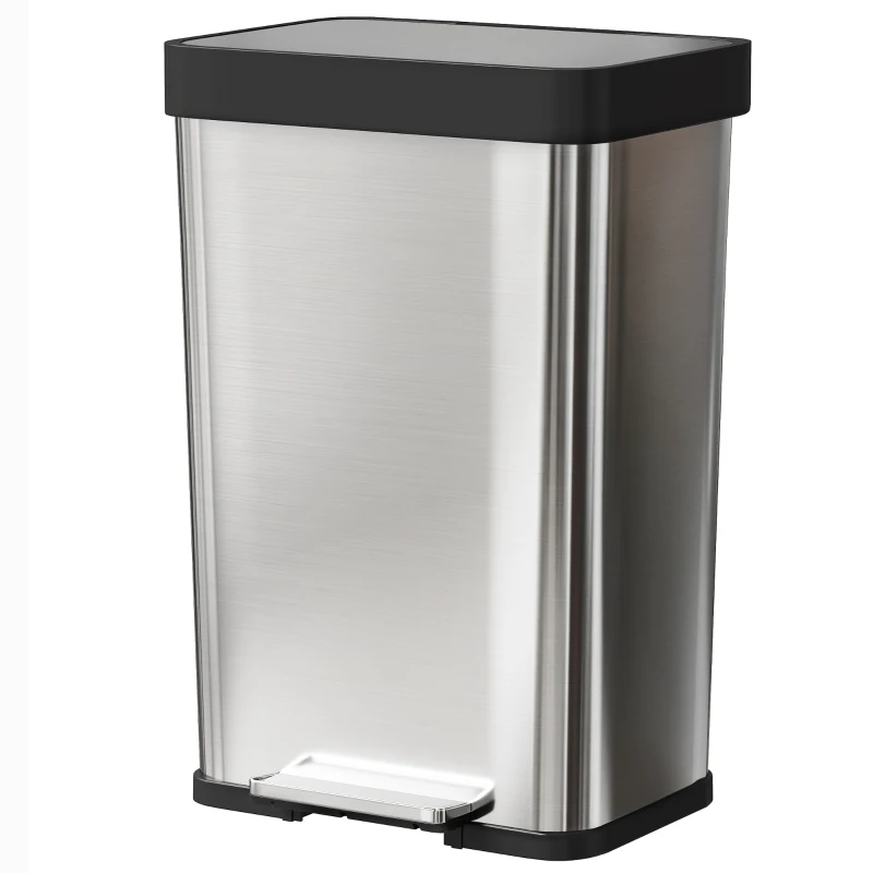 HOMCOM Lixeira 60 L com pedal, Balde de aço inoxidável com tampa de fechamento suave, Prateado