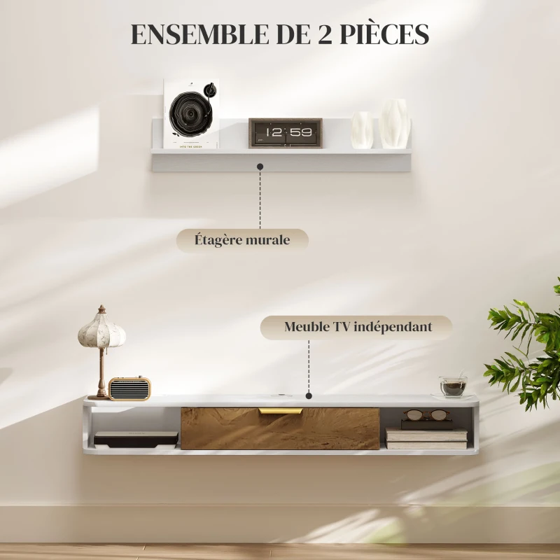 HOMCOM Ensemble meuble TV suspendu avec étagère murale meuble télé bois mural passe-câbles 120 x 24 x 16 cm blanc