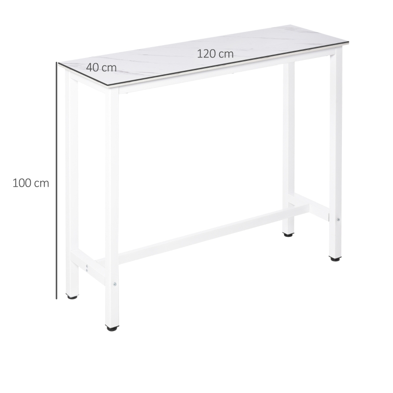 HOMCOM Table de bar table haute de cuisine mange-debout 120 x 40 x 100 cm châssis piètement acier, plateau aspect marbre blanc
