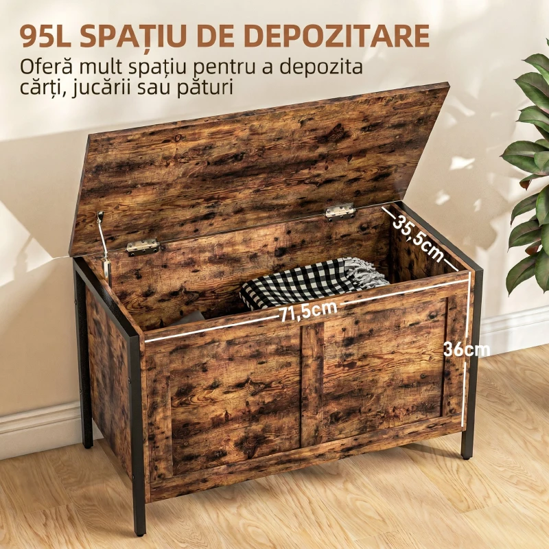 HOMCOM Ladă de depozitare din lemn de 95L, stil industrial, cu capac și balama de siguranță, 80x40x49cm, maro
