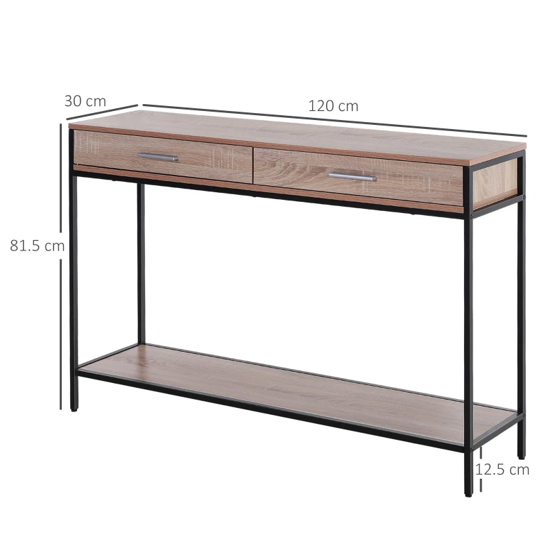 HOMCOM Console Table Worktop Bottom Shelf Home Two Drawer Industrial Minimal Style Oak Wood Tone Effect