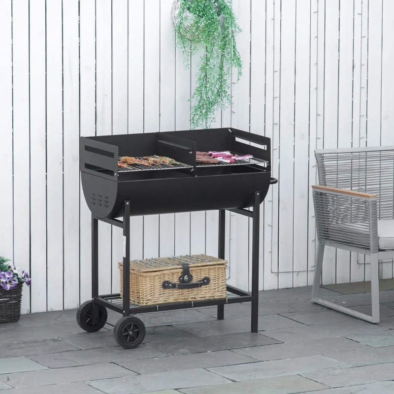 Outsunny Barbecue in Acciaio con 2 Griglie Indipendenti, 2 Ruote e Ripiano Inferiore | Nero | 90cm x 45cm x 96cm