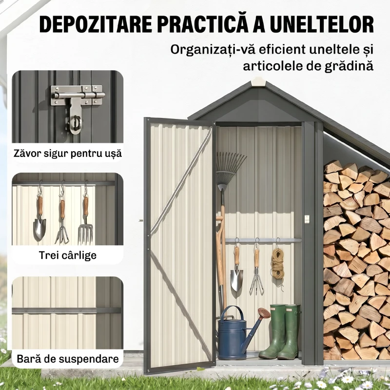 Outsunny Șopron Exterior pentru Lemne cu Dulap pentru Unelte, 0,77 m², 150x66x162 cm, Din Oțel Galvanizat, Gri Închis