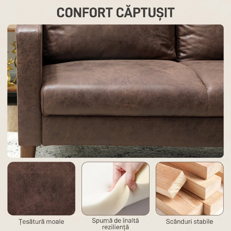 HOMCOM Canapea modernă cu 2 locuri, tapițerie din material textil cu aspect de piele respirabilă și picioare din lemn, 130x78x85 cm, maro închis