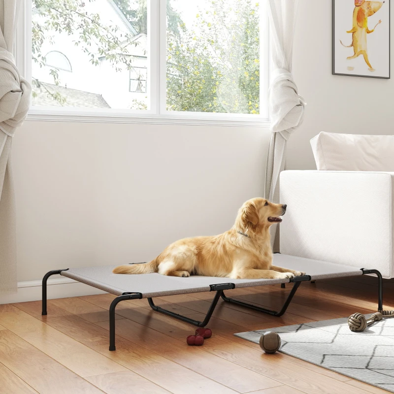 PawHut Cama Exterior para Cão Cama Elevada para Cães Grandes com Estrutura de Aço Tecido de Malha Respirável 152x94x23 cm Bege