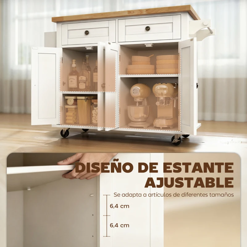 HOMCOM Isla de Cocina con Ruedas Mueble Auxiliar de Cocina con Especiero y Barra Lateral 111x44,5x82,5 cm Blanco