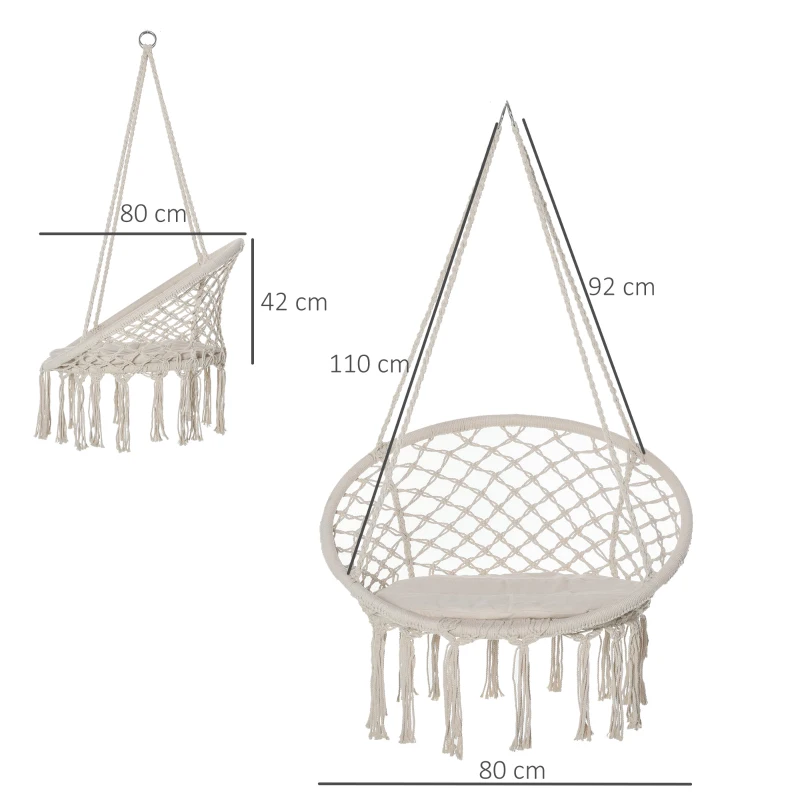 Outsunny Silla Colgante Redondo de Ø60 cm Silla Hamaca Columpio con Cojín y Cuerda de Algodón para Interior y Exterior Carga 120 kg 80x80x42 cm Beige