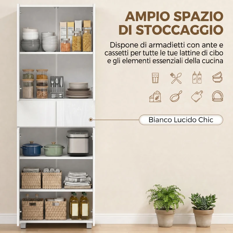 HOMCOM Dispensa Cucina con 4 Ante, 3 Ripiani Regolabili e Mensole a 5 Livelli in MDF e Truciolato, 60x35x170 cm, Bianco