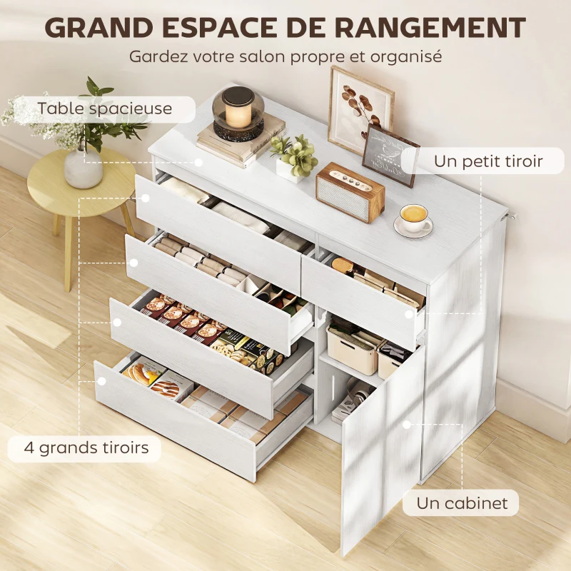 HOMCOM Commode 5 tiroirs, buffet salon, meuble de rangement, étagère réglable et porte à fermeture douce, 100x40x80cm, blanc