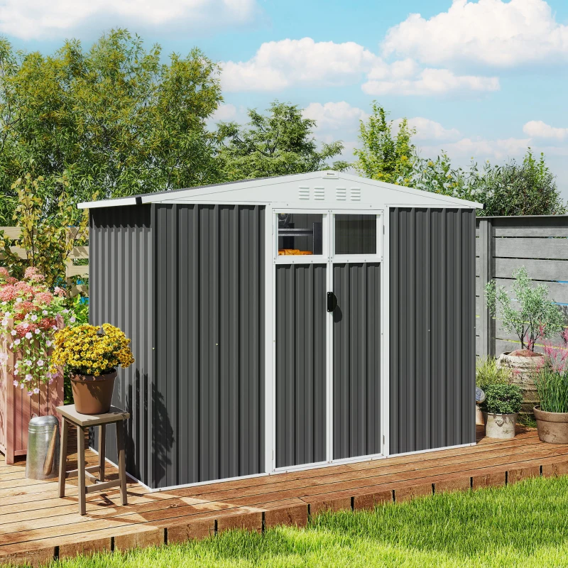 Outsunny Abrigo de Jardim em Metal 2,7 m² com Janela 4 Aberturas e Porta com Fechadura 246x117x180 cm Cinza