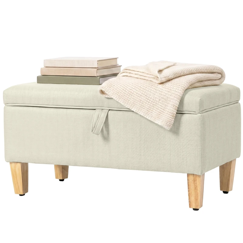 HOMCOM Banc de rangement, bout de lit, repose-pieds rembourré en lin avec pieds en bois de caoutchouc, 71x37x36cm, beige