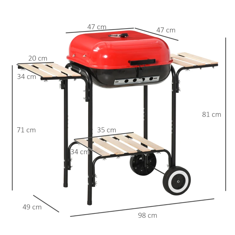 Outsunny Kohlegrill Grillwagen Grillstation Standgrill mit Windschutz 3 x Ablagefach Metall Rot 98 x 49 x 81 cm